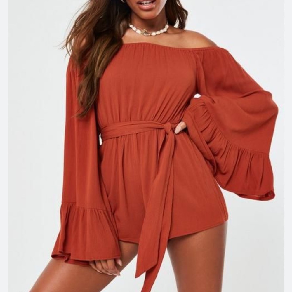 Rust Bardot Flare Sleeve Romper